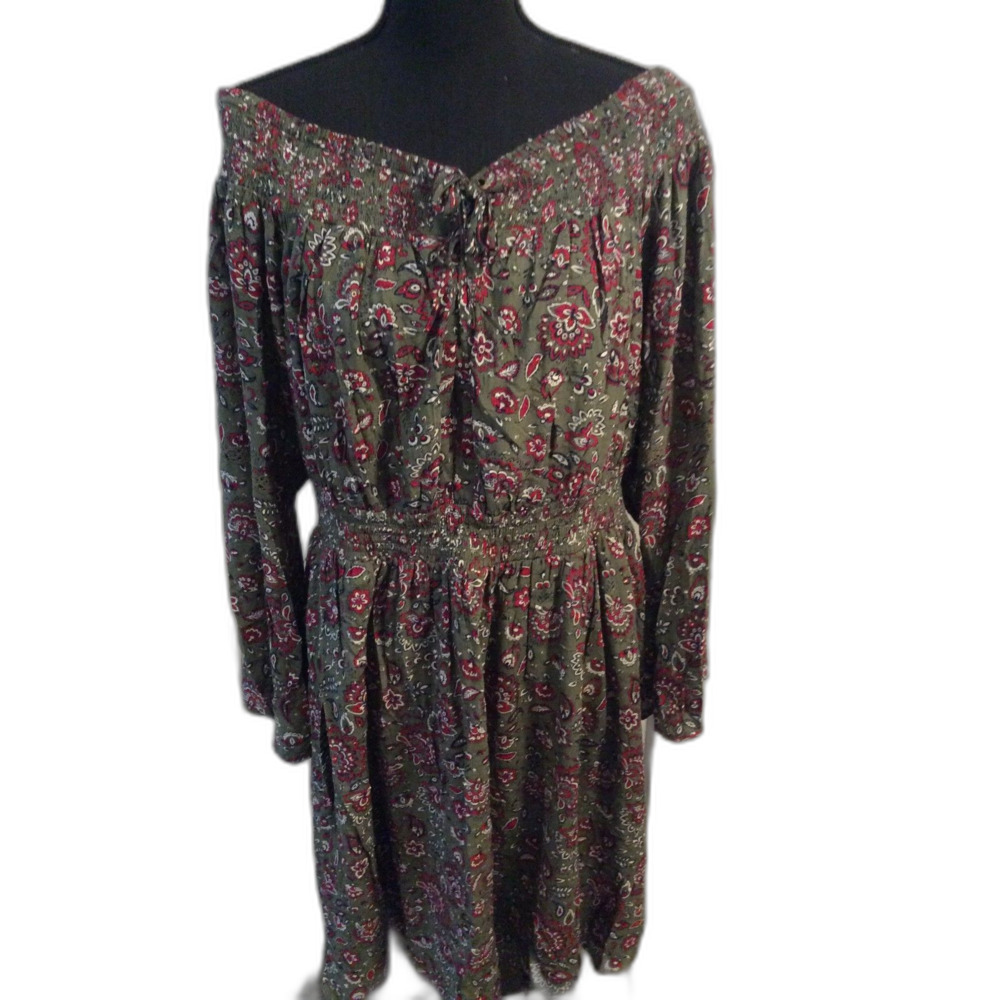 Torrid Floral Gathered Neckline Dress Print 2X Long sleeve boho